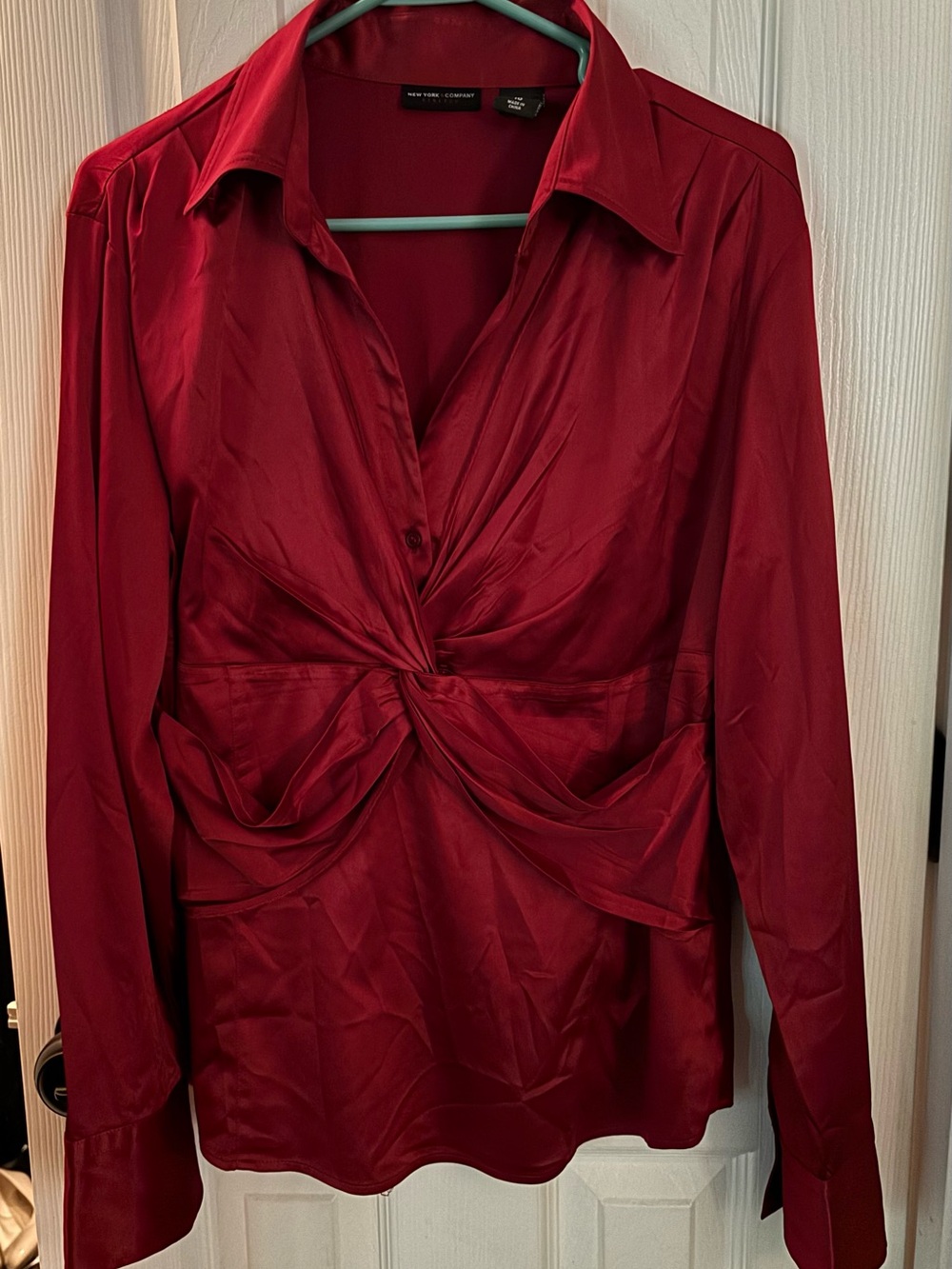 New York & Company Deep Red Twist-Front Satin Blouse
